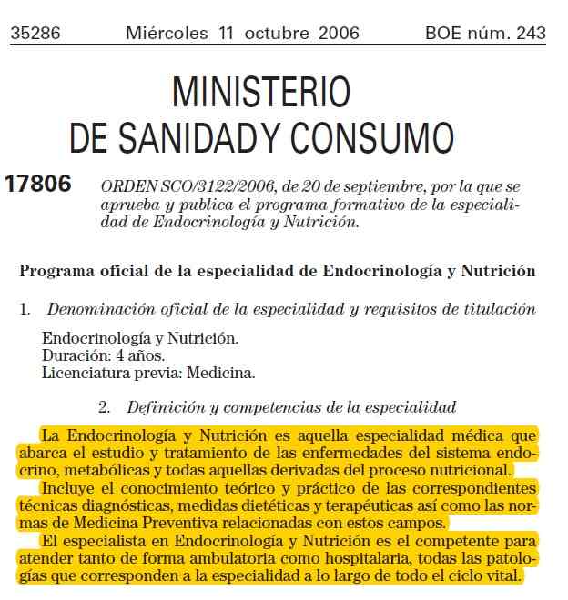 Definición de la especialidad de endocrinología y nutrición